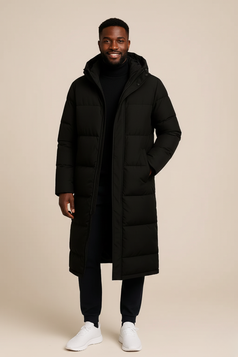 Aiden | Stylish Long Hooded Black Puffer Coat